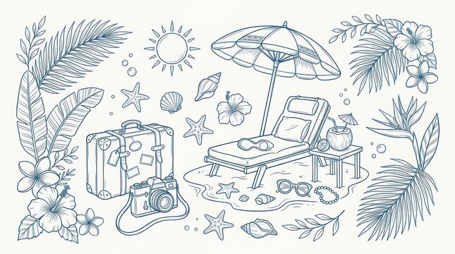 Summer vacation travel elements set isolated on white background