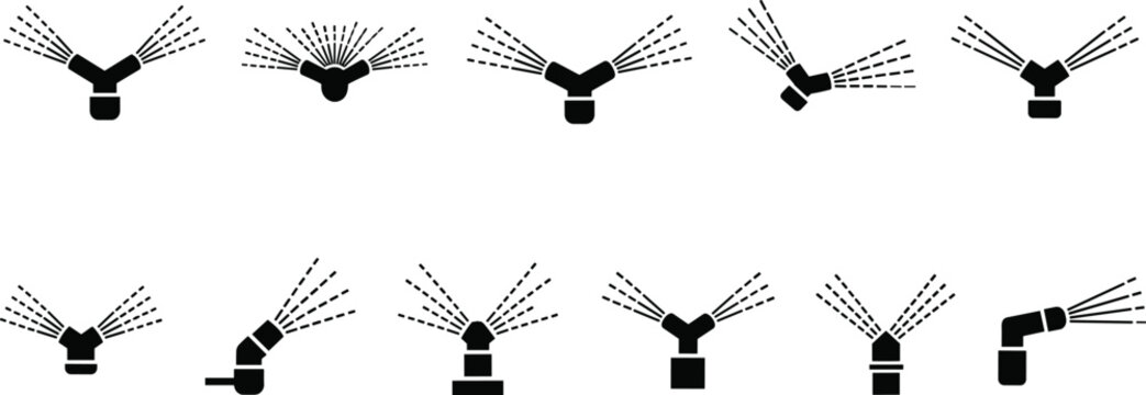Sprinkler system silhouette icon collection illustration, irrigation and gardening concept, black vector design showing various water spray patterns and nozzle types