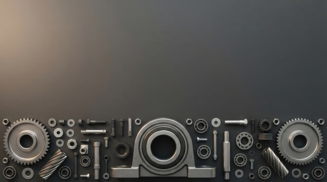 Metal gears and mechanical parts arranged on a plain background