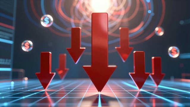 Red arrows point down amidst glowing dollar signs, symbolizing financial decline.