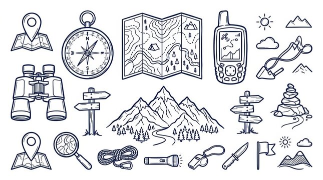 Set of hiking and camping equipment icons isolated on white background