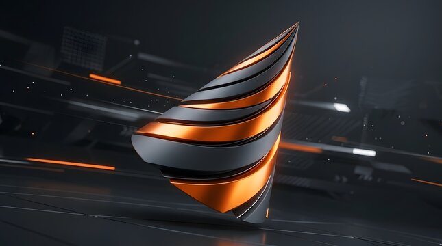 Futuristic orange and gray twisted spiral sculpture on dark high tech background.