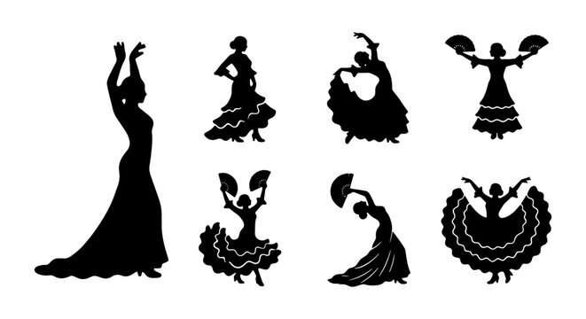Flamenco Dancer Silhouettes, Spanish Dance Figures, Elegant Woman Poses, Vector Art Collection, Performance Graphics