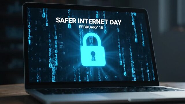 Laptop screen displaying Safer Internet Day with glowing padlock