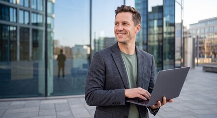Fototapeta premium A smiling man holding a laptop computer while standing outside a modern glass office building with blazer stands outside communication professional architecture entrepreneur