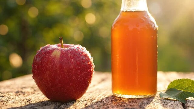 Fresh Apple Cider in a Bottle with Red Apple on Wooden Table Outdoors