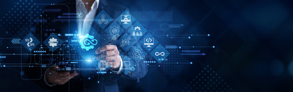 Cloud infrastructure engineer working on tablet evaluating the metrics and point of strategic global development framework structural growth planning. Digital advanced DevOps mapping a network.