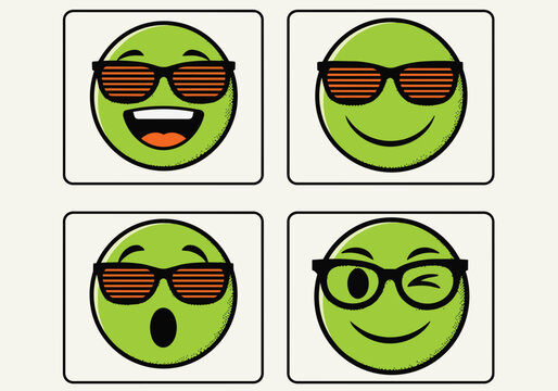 Four green smiley faces wearing sunglasses with various expressions, isolated on transparent background, concept for social media icons, emoji sets and digital communication.