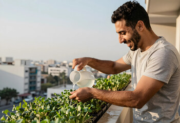 Obraz premium Urban gardening and sustainable living, man watering small plants on a balcony for food security and mental wellness in a city apartment environment