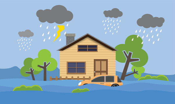 Flooded House During Heavy Rainstorm, Severe Weather and Flood Disaster Vector Illustration