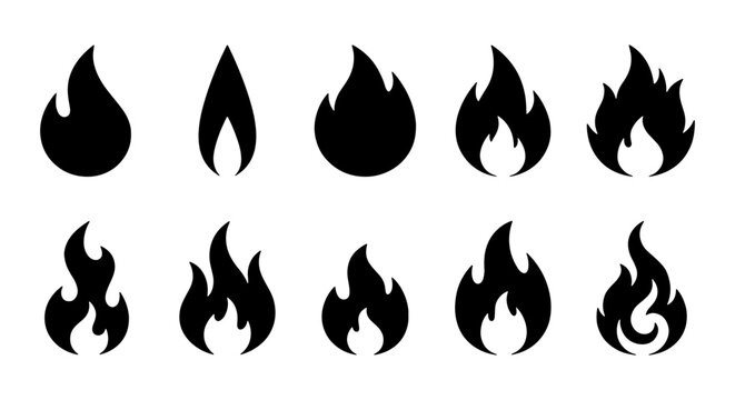 Set of 10 Black Fire Icons, Flame Symbols, Burning Energy Graphics, Hot Element Illustrations, Heat and Danger Icons for Web and Print
