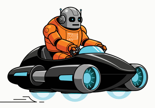Orange robot driving futuristic black hovercar with blue accents, isolated on transparent alpha, perfect for technology, AI and transport concepts.