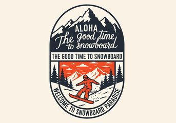 Fototapeta premium Snowboarder in action amidst mountains and pine trees, vintage badge style, perfect for sports apparel, adventure marketing and lifestyle branding.