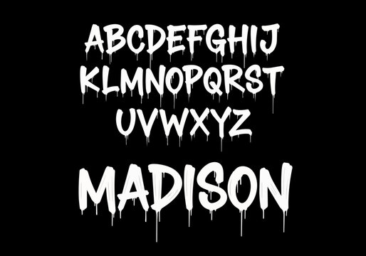 White dripping graffiti alphabet letters and word MADISON on black background, concept for urban art, street style design and creative typography projects