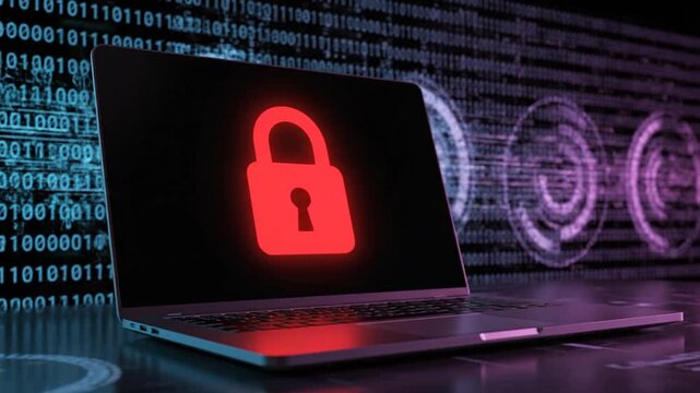 Laptop with glowing red padlock on binary code background