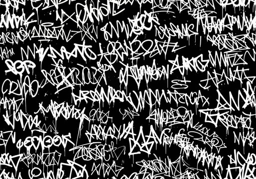 White graffiti tags and scribbles in a chaotic pattern on a dark background, isolated on transparent alpha, concept for urban art, street style and graphic design elements.