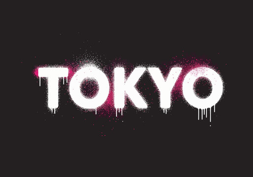 White Tokyo text with spray paint effect and pink and white particles, isolated on transparent alpha, ideal for urban art, graphic design and travel marketing.