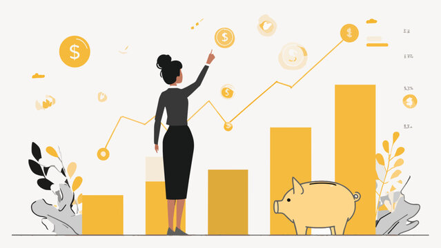 Woman pointing at ascending financial graph with coins and piggy bank, concept for investment growth, savings strategy and financial planning success.