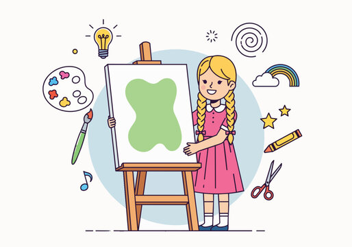 Young girl with braided blonde hair painting on an easel, surrounded by art supplies and creative symbols, perfect for childhood education, art class and creative expression promotion.