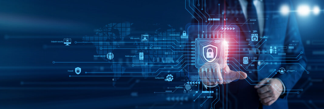 Security expert touch of smart Cybersecurity circuit board and blocking malicious network threats on an advanced digital display. Safeguarding critical digital infrastructure seamlessly.