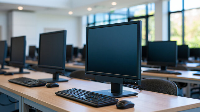High perspective view of an empty computer training laboratory filled with identical desktop workstations, rows of monitors, keyboards and mice arranged with precise spacing, bright modern interior,