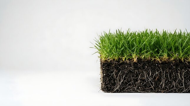 Fresh green grass growing from a dark fertile soil square block isolated on a clean white studio background setting area
