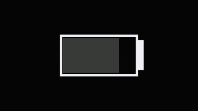Animated battery icon charging from empty red to full green level. Flat electric power accumulator energy growth
