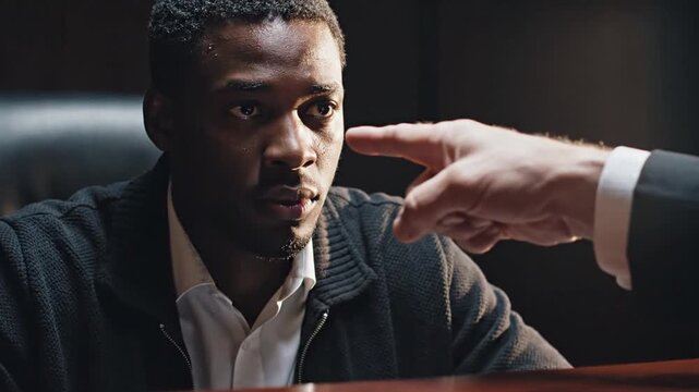 Man being interrogated by detective in dark room
