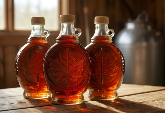 Maple syrup production and organic food industry, three glass bottles with amber liquid on a rustic wooden table in a traditional sugar shack kitchen