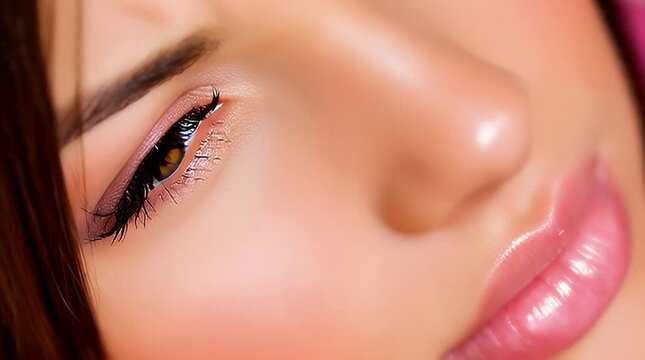 Close-up of a beautiful woman s face showcasing flawless makeup with dramatic eyelashes and glossy pink lips conveying luxury beauty and modern elegance