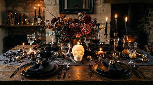 Elegant Halloween Table Setting with Skull Candle and Floral Arrangement