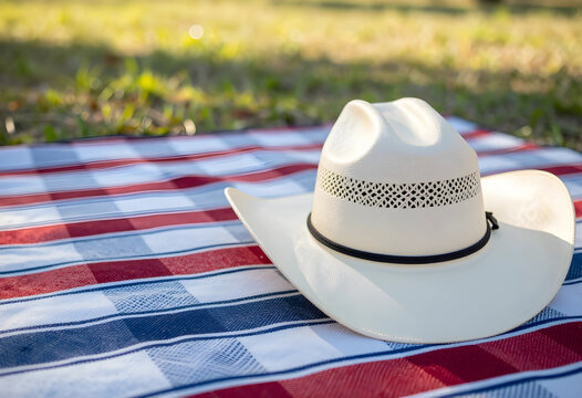 Western lifestyle and summer leisure, white cowboy hat on a red and blue plaid picnic blanket in a sunny outdoor park setting for travel and vacation