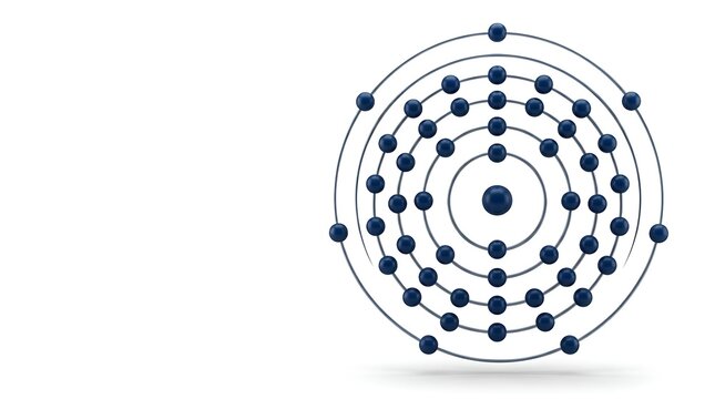 Detailed atomic structure model features dark blue spheres orbiting a central nucleus against a clean and solid white background environment