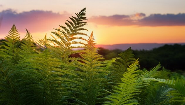 A Cluster Of Tall Green Ferns Against A Sunset Background