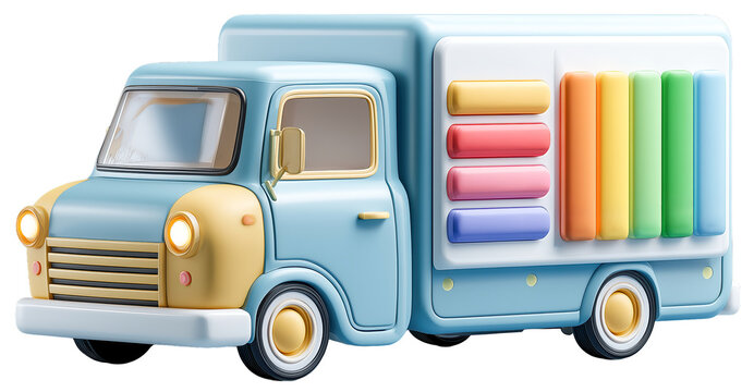 Colorful 3D illustration of vintage delivery truck with flat shipping status screen on its side, showcasing vibrant bars. design is playful and modern., isolated