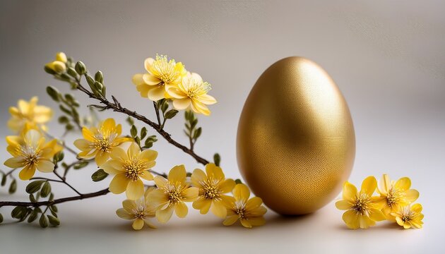 A Single Golden Egg Rests Beside A Delicate Branch With Small Yellow Flowers The Background Is Textured And Neutral Creating A Simple Yet Elegant Composition