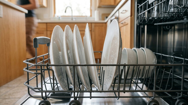 Clean dishes in dishwasher rack, kitchen chores, home cleaning, housework