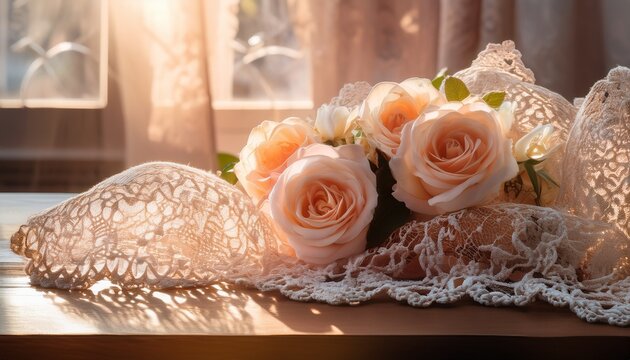 Heartfelt Bloom Display Delicate Roses Lace Decor Warm Sunlight Glow