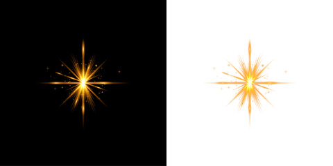 Fototapeta premium Bright golden starburst light effect with glowing rays isolated on transparent background