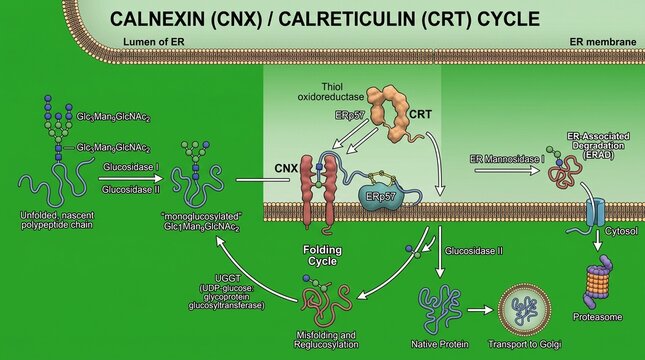 Calnexin and Calreticulin cycle diagram showing protein folding in the endoplasmic reticulum