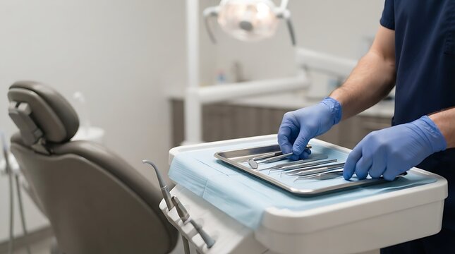 Professional dentist wearing blue nitrile gloves carefully selects sterile metal dental instruments from a metal tray in a bright clinic