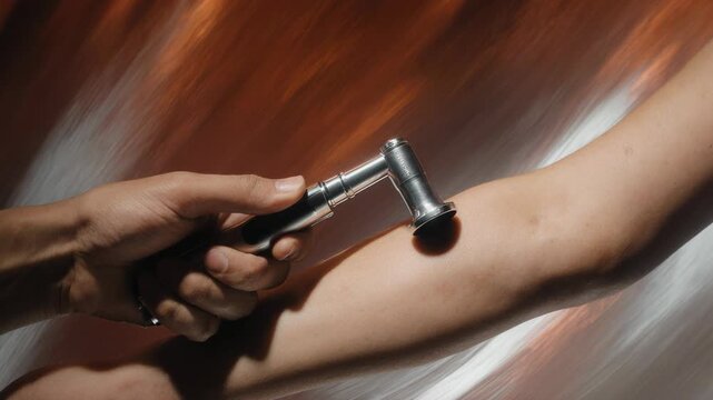 Neurological reflex test on a patient's arm. Doctor using a medical reflex hammer for physical examination. Diagnostics and neurology concept