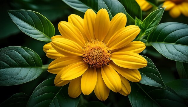 Yellow Flower Amid Glossy Green Leaves Close Up