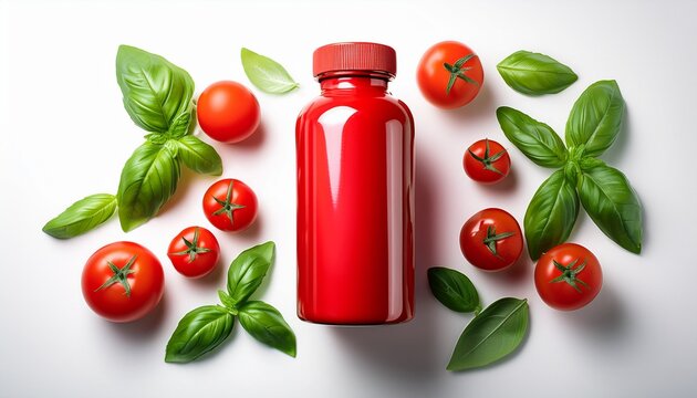 Blank Red Supplement Bottle Surrounded By Fresh Tomatoes And Basil On Clean White Background