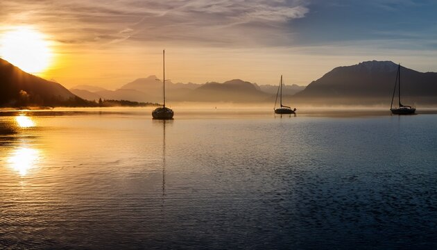 Serene Sunrise Over Calm Water With Distant Sailboats And Misty Mountains