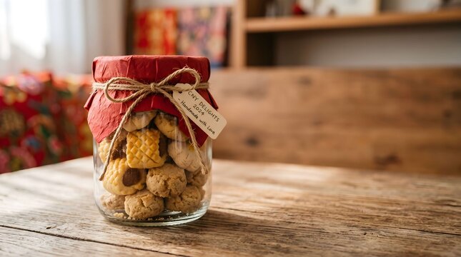 Traditional Lunar New Year pineapple tarts and cookies in a glass jar on a rustic wooden table