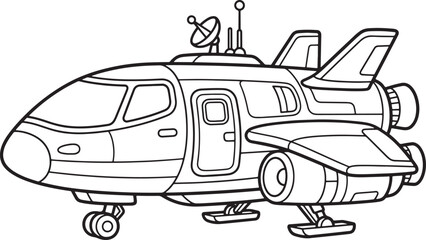 Obraz premium Black and white coloring page of a futuristic sci-fi spaceship with cockpit windows, wings, engines, and radar dish on also transparent background