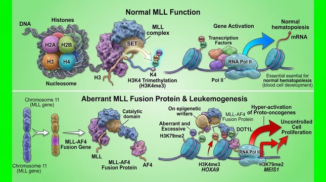 MLL Methyltransferase Mechanism and Aberrant Fusion Protein Leukemogenesis Diagram