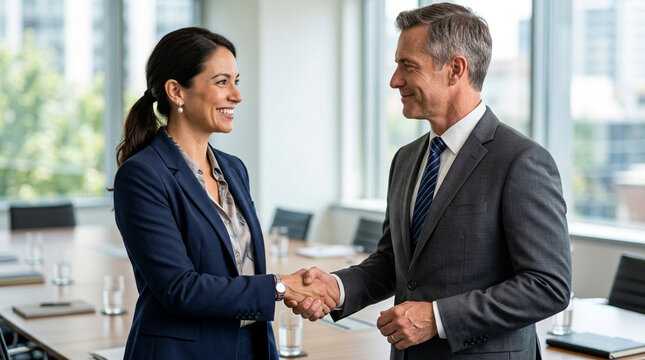 Business handshake between smiling man and woman in modern office meeting room