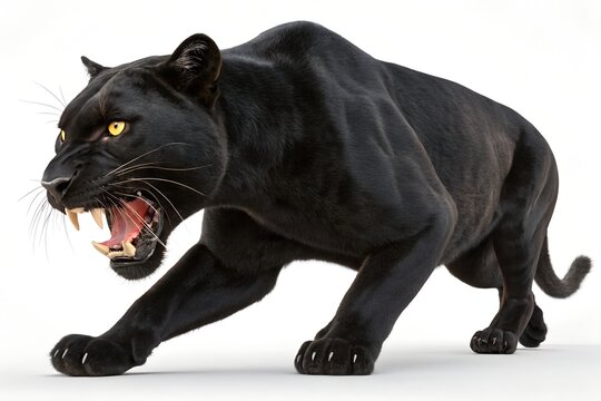 Angry black panther snarling with teeth exposed and body low ready to pounce